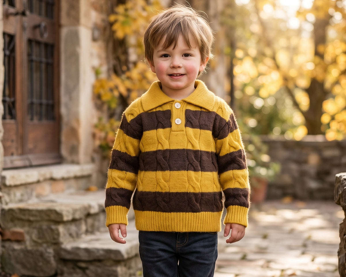 Cozy Kids Yellow And Black Striped Cable Knit Collared Winter Sweater For Boys Daily Wear