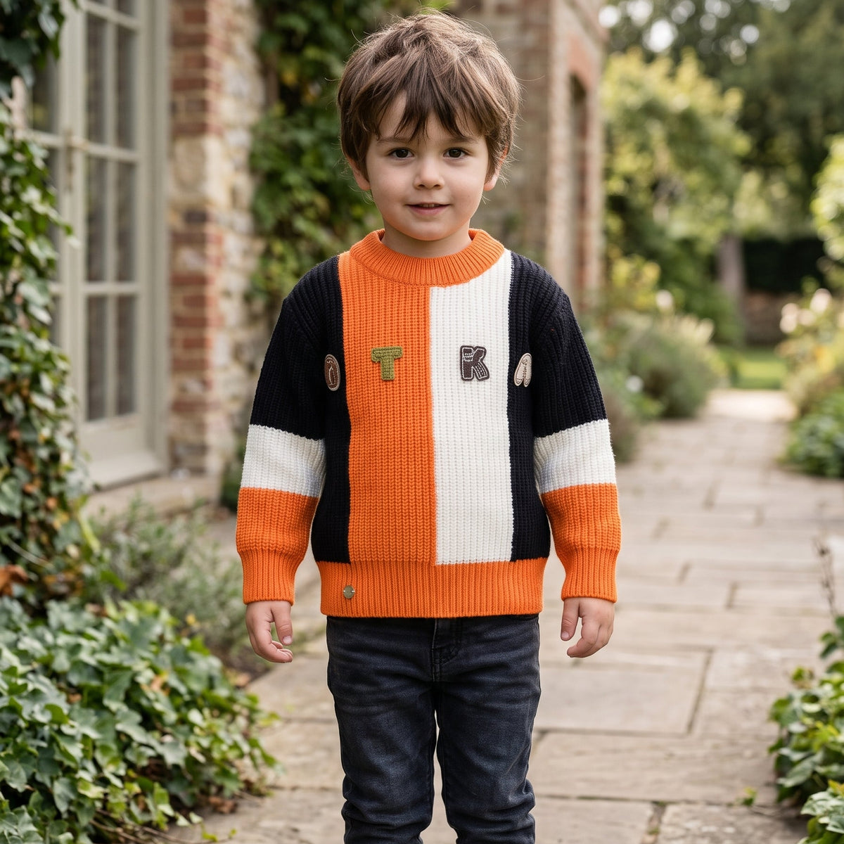 Cozy Kids Color Block Crew Neck Knitted Winter Sweater Stylish Letter Applique For Boys