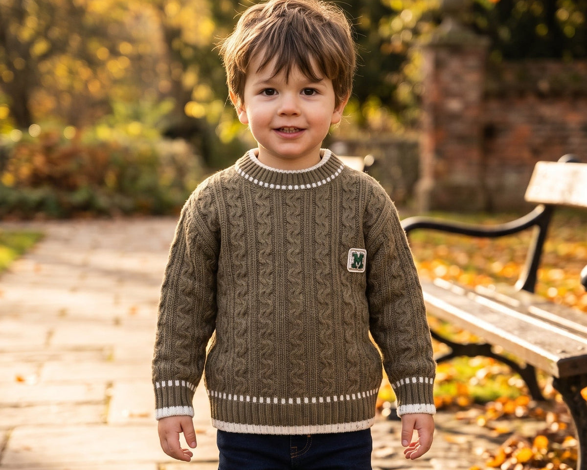 Boys Warm Winter Cable Knit Pullover Sweater Letter M Patch Casual Long Jumper