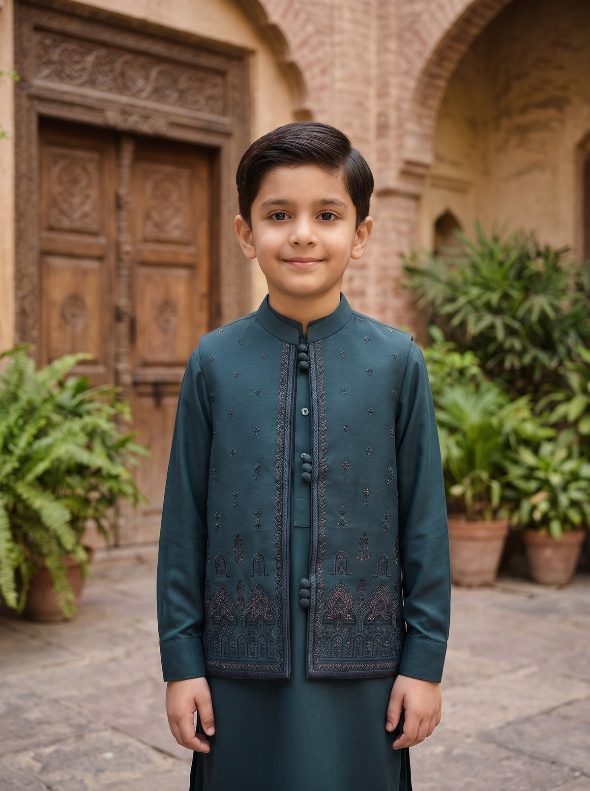 Boys Teal Traditional Kurta Shalwar with Embroidered Waistcoat Festive Kids Ethnic Wear