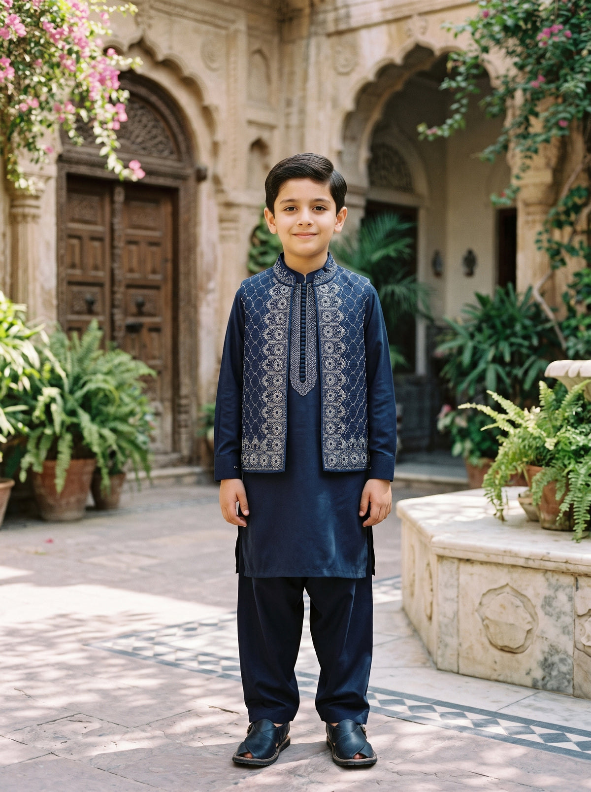 Boys Blue Traditional Kurta Shalwar with Silver Embroidered Waistcoat Festive Kids Wear