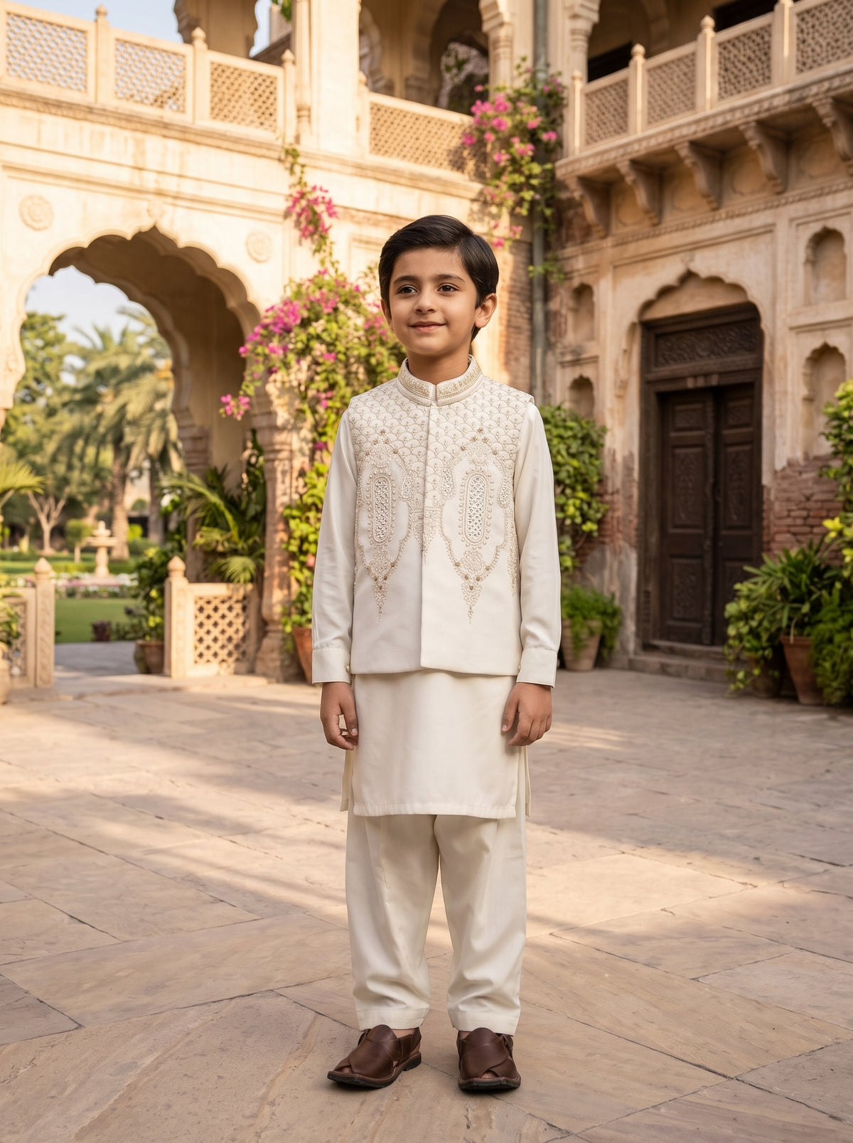 Boys Off White Traditional Kurta Shalwar with Embroidered Waistcoat Festive Kids Wear