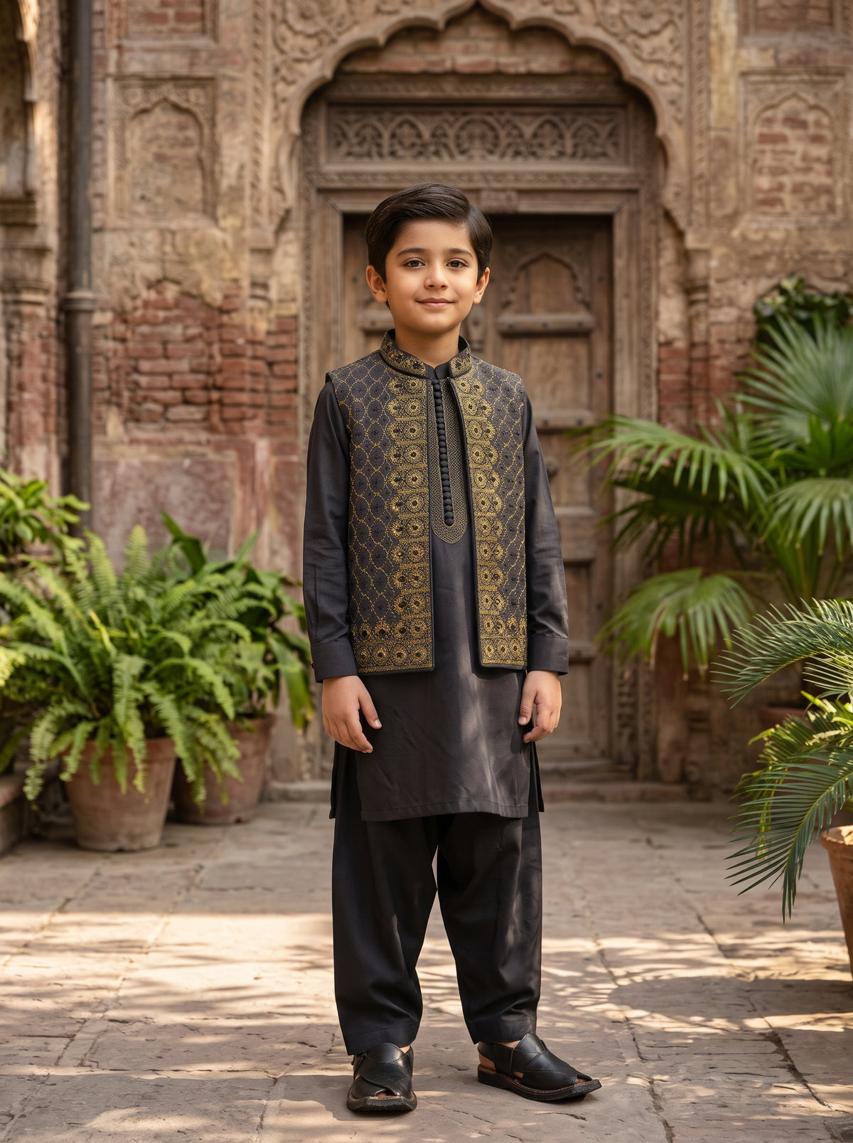 Boys Black Traditional Kurta Shalwar with Gold Embroidered Waistcoat Festive Kids Wear