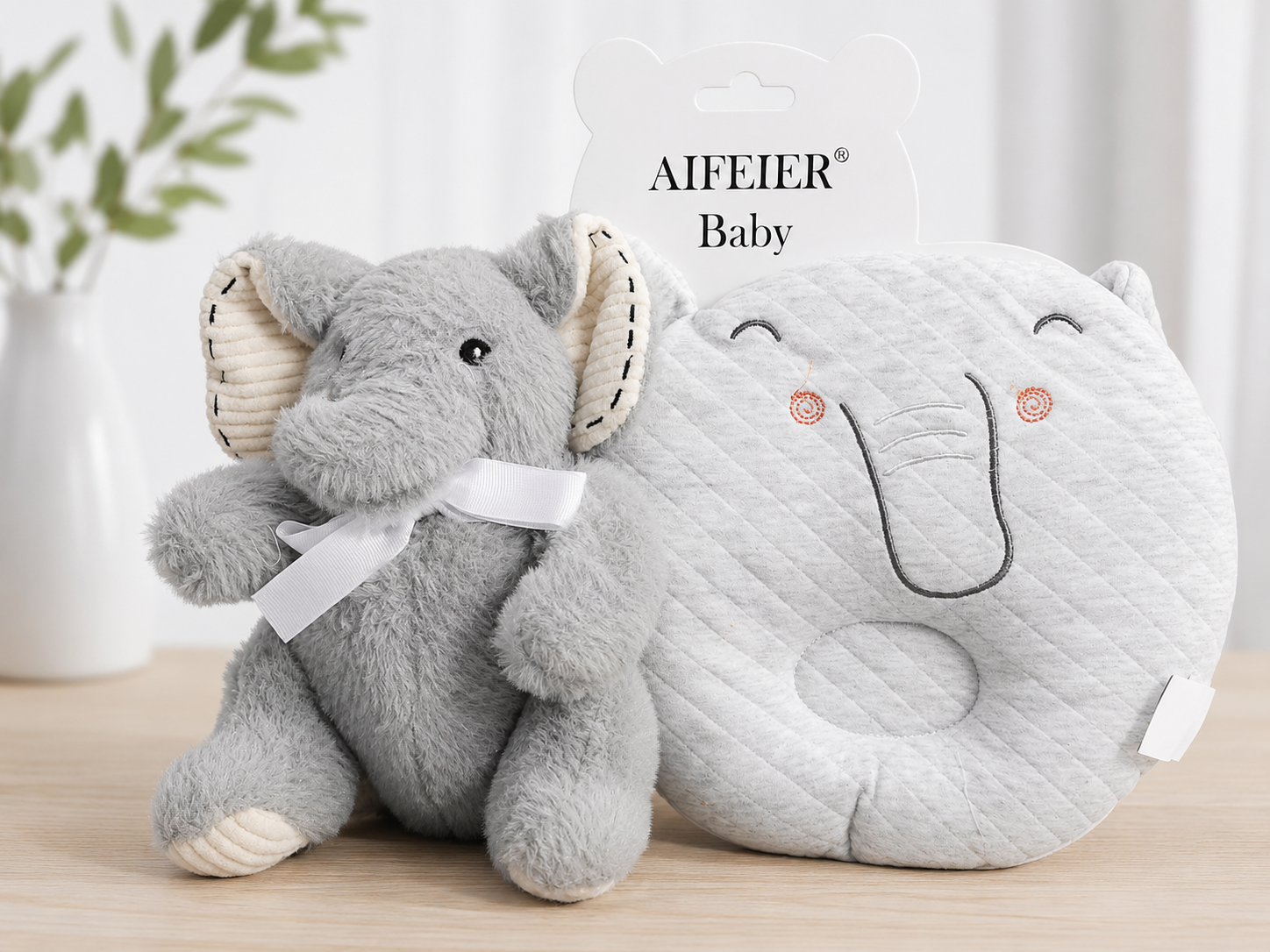 Soft Gray Elephant Plush Toy and Matching Baby Pillow Set for Newborns