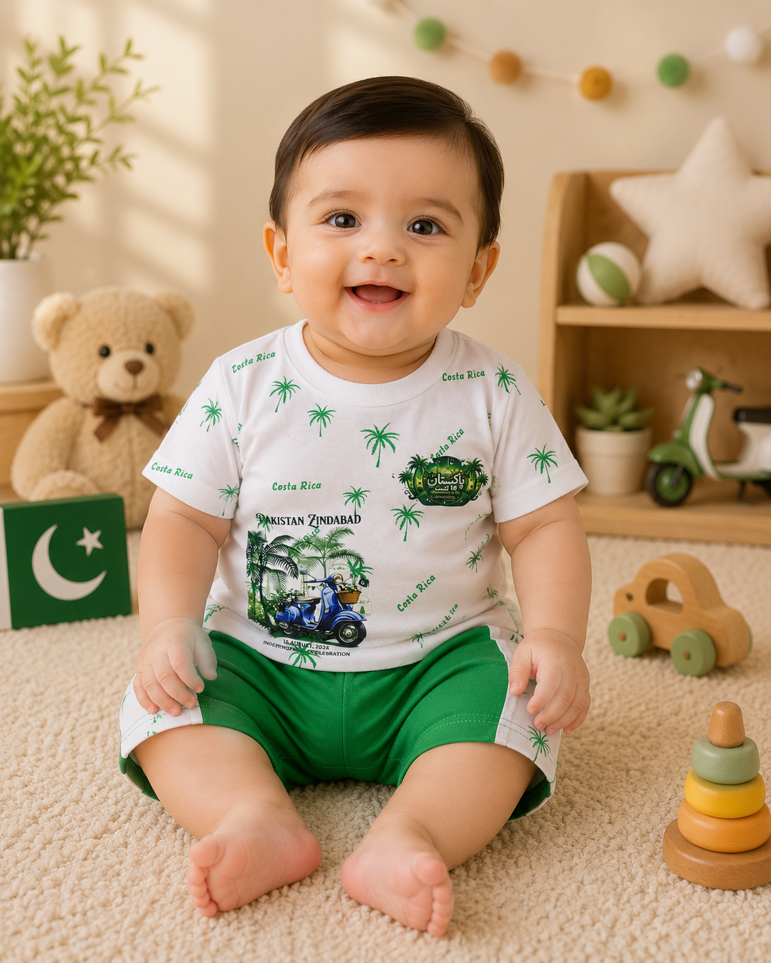Adorable Baby Boy Wearing A Stylish Green And White Outfit For Pakistan Independence Day Celebration (Copy)