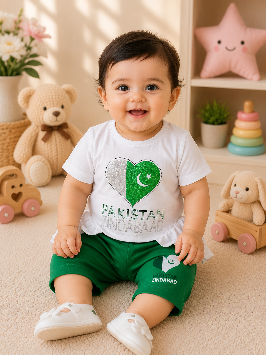 Adorable Baby Boy Wearing A Stylish Green And White Outfit For Pakistan Independence Day Celebration