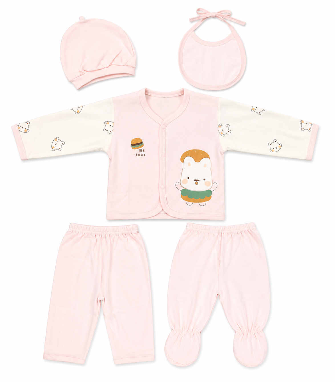 Adorable Baby Girl 5-Piece Cotton Outfit Set with Burger Bunny Print and Accessories