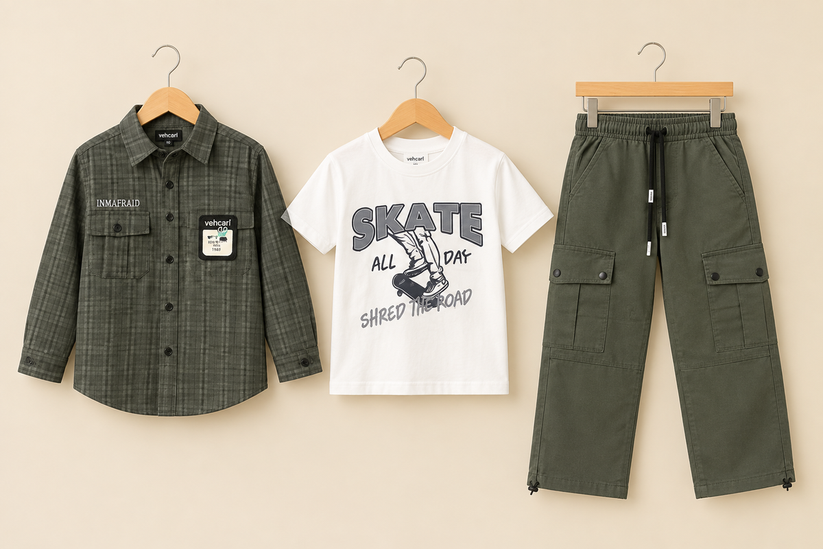 Stylish Kids Three Piece Plaid Shirt T-Shirt And Cargo Trouser Set