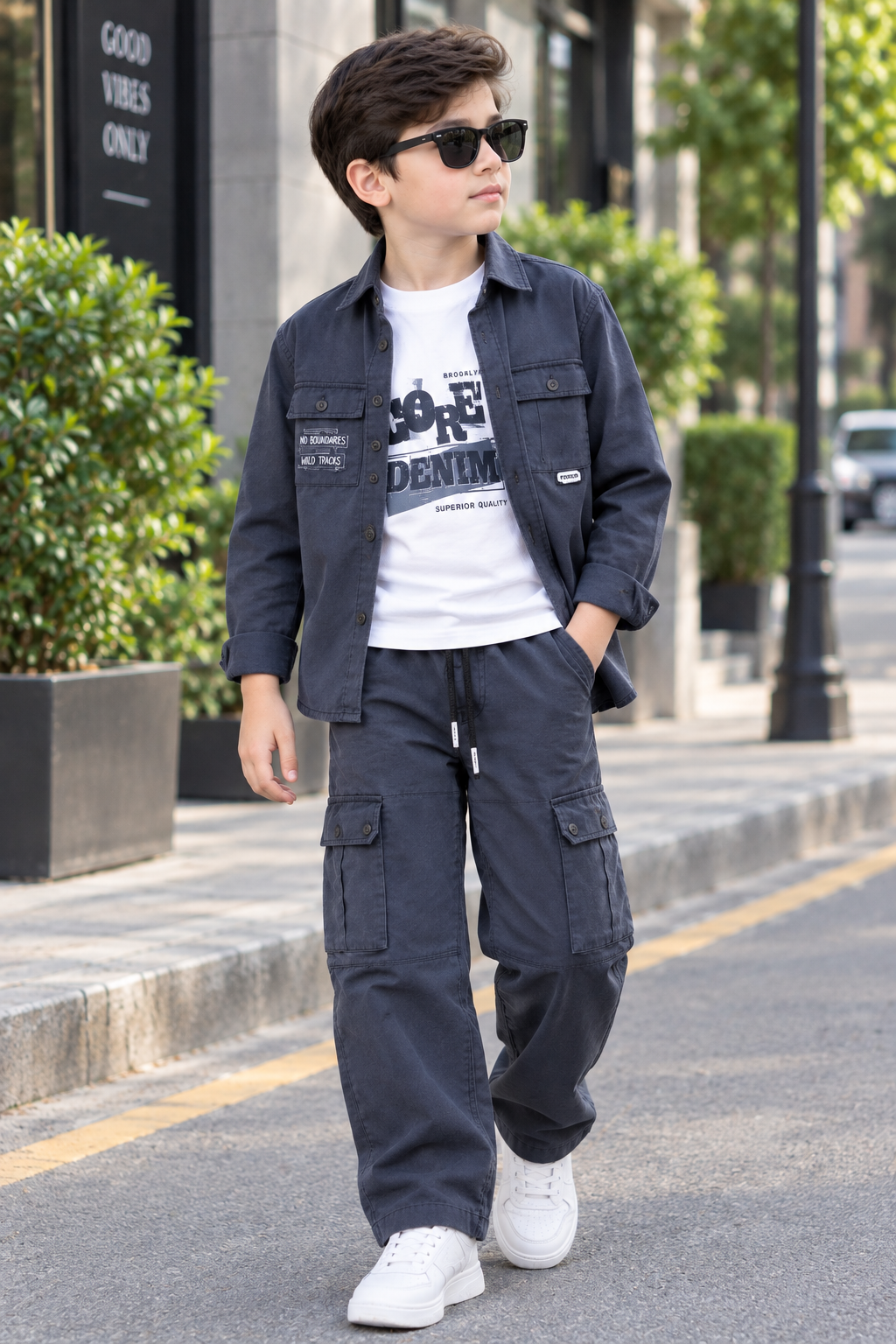 Stylish Kids Three Piece Plaid Shirt T-Shirt And Cargo Trouser Set