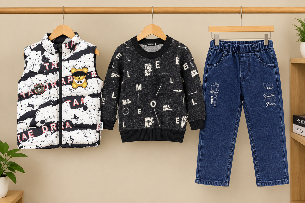 Stylish Kids Three Piece Checkerboard Vest Sweater And Denim Set