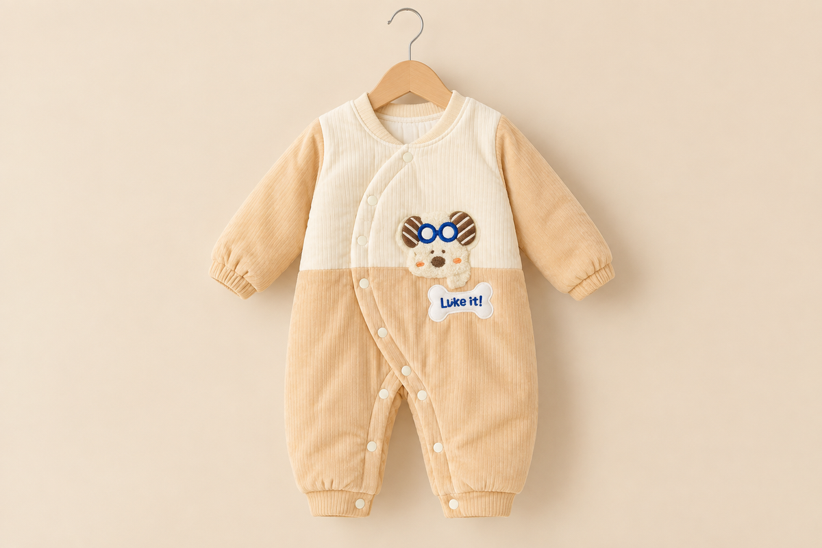 Cute Puppy Design Quilted Fleece Winter Romper With Front Snap Closure