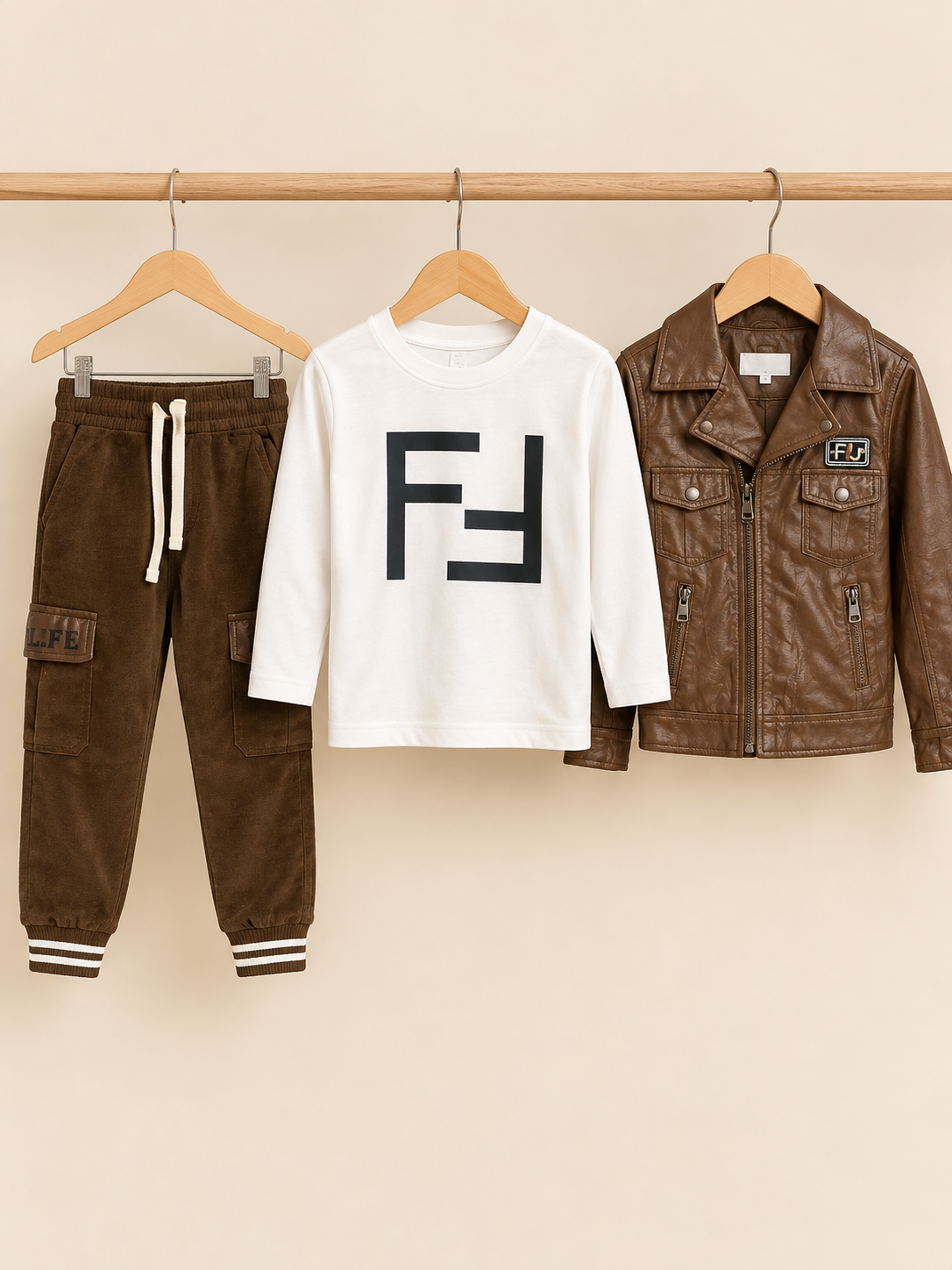 Kids Designer Style Leather Jacket Crewneck Shirt And Cargo Trouser 3 Piece Set