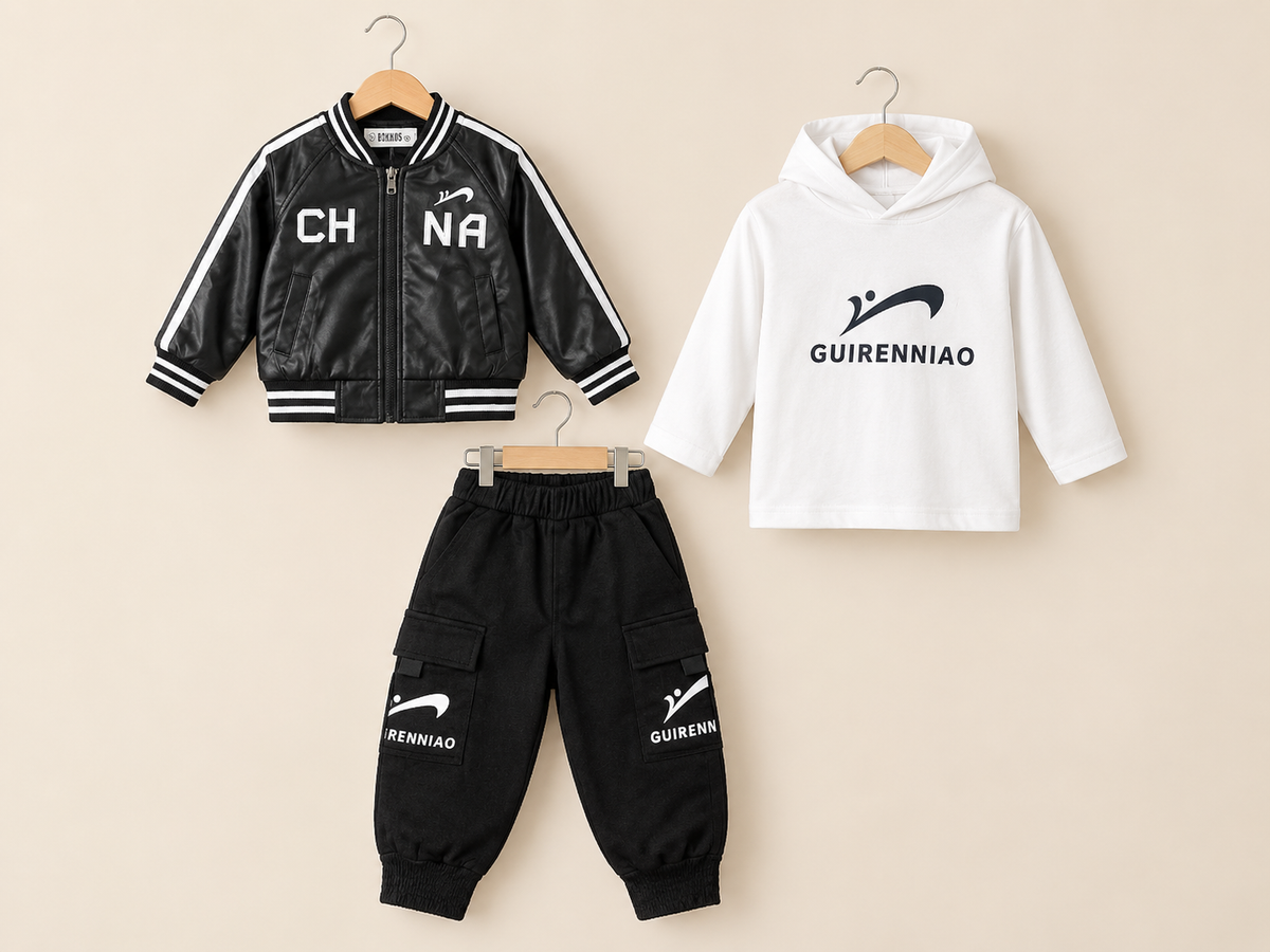 Kids Brand Logo Printed Leather Bomber Jacket Hoodie And Cargo Trouser 3 Piece Outfit