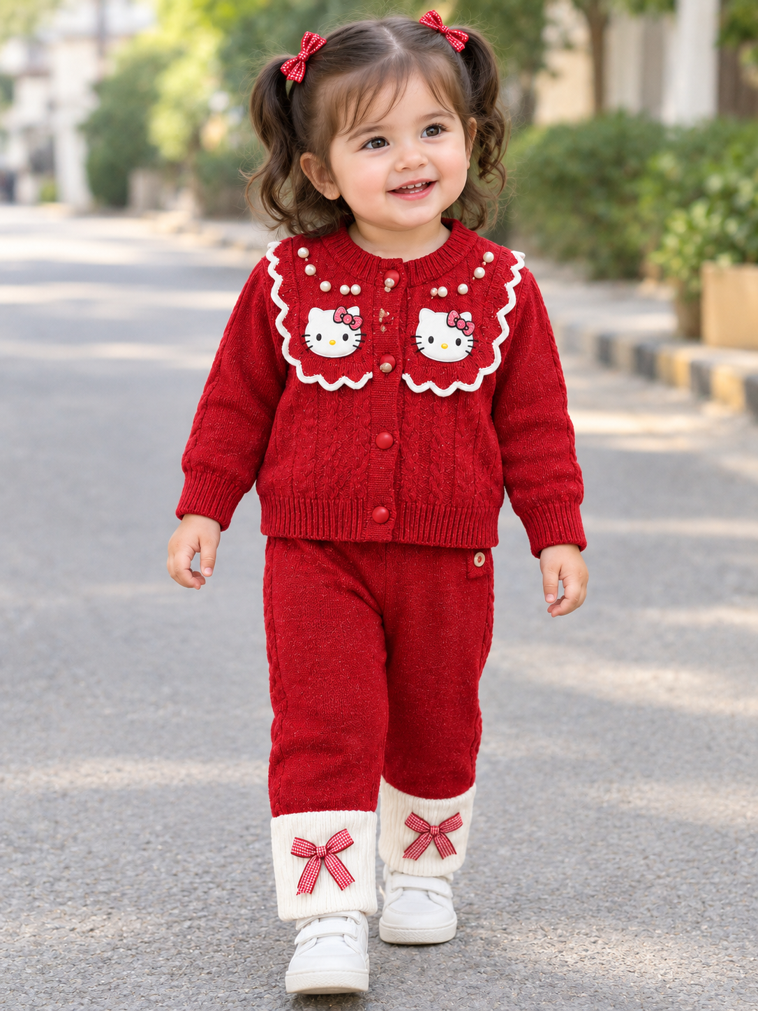 Girls Pearl Embroidered Cartoon Cat Cardigan And Bow Legging Outfit Set