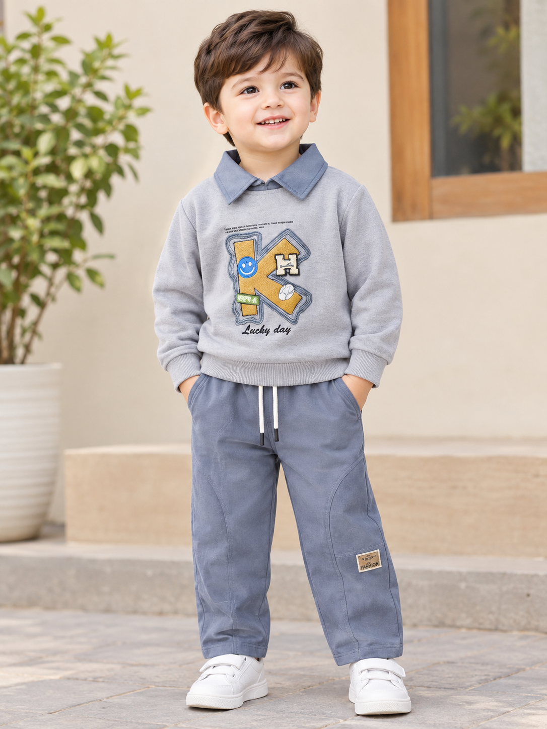 Stylish Kids Letter K Embroidered Collared Sweatshirt And Trouser Tracksuit Set