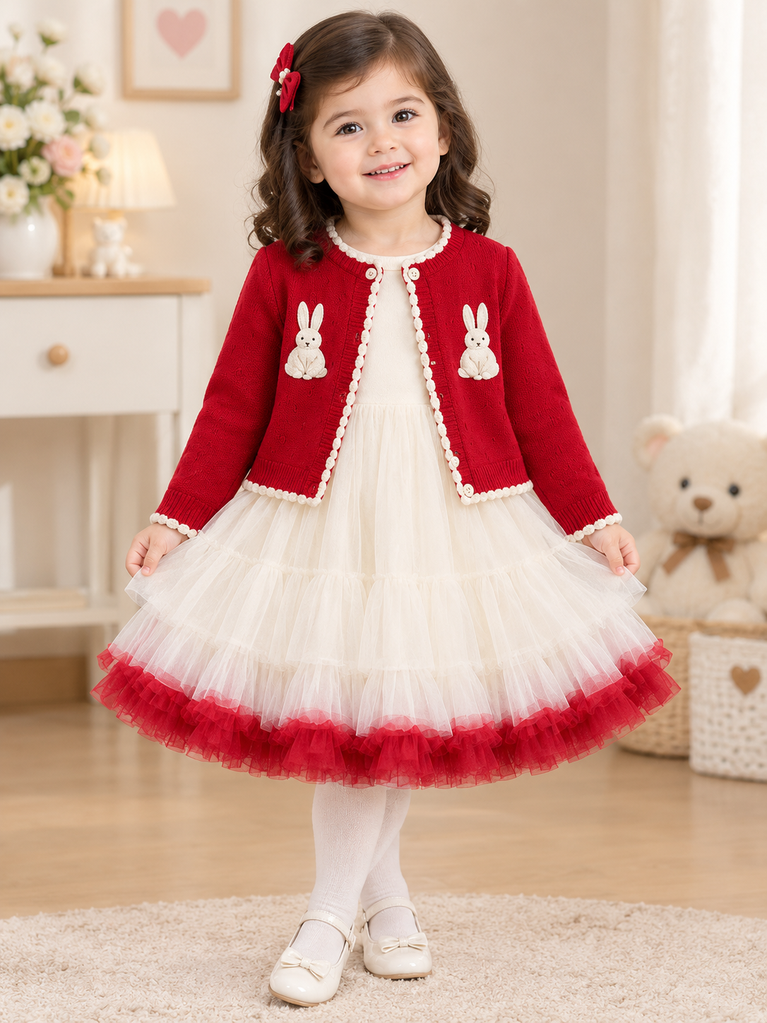 Stylish Kids Two Piece Bunny Embroidered Dress And Cardigan Winter Outfit Set