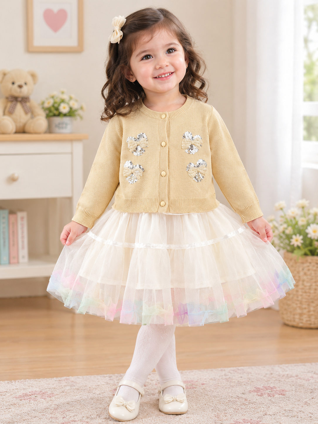 Stylish Kids Two Piece Sequin Heart Cardigan And Tulle Dress Set