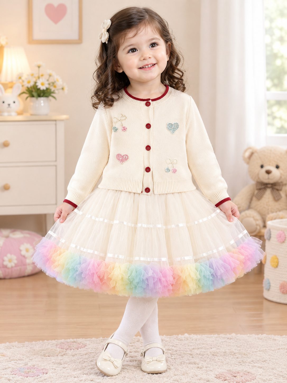 Stylish Kids Two Piece Embroidered Cardigan And Tulle Dress Outfit Set