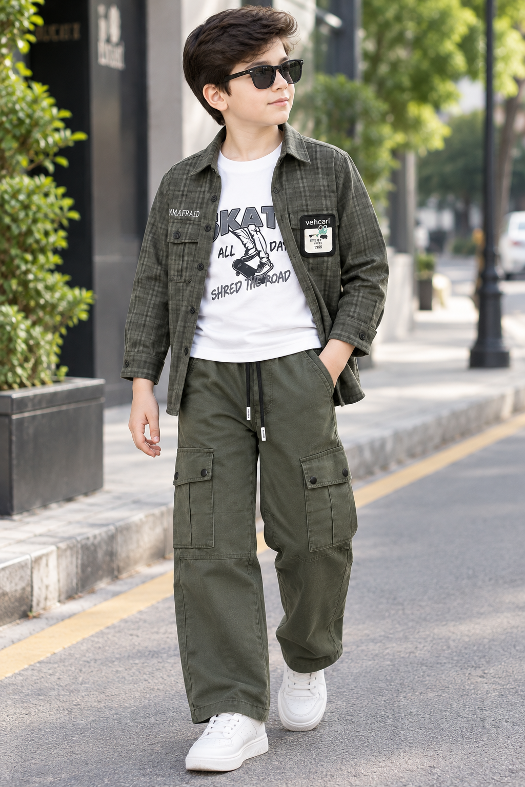 Stylish Kids Three Piece Plaid Shirt T-Shirt And Cargo Trouser Set
