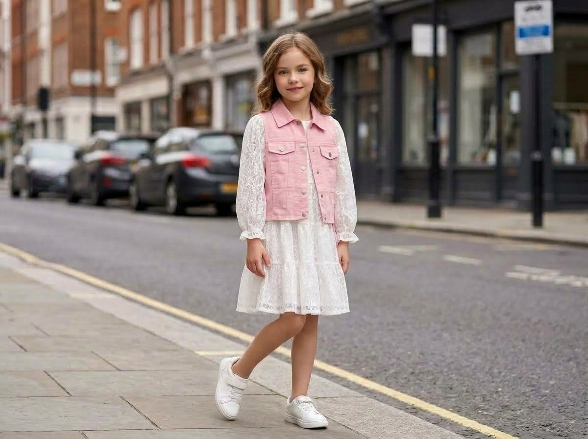 Stylish Kids White Lace Dress And Matching Sleeveless Denim Vest Outfit Set