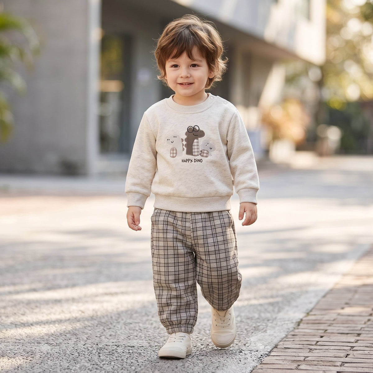 Kids Winter Crewneck Sweatshirt And Plaid Trousers 2 Piece Outfit Set