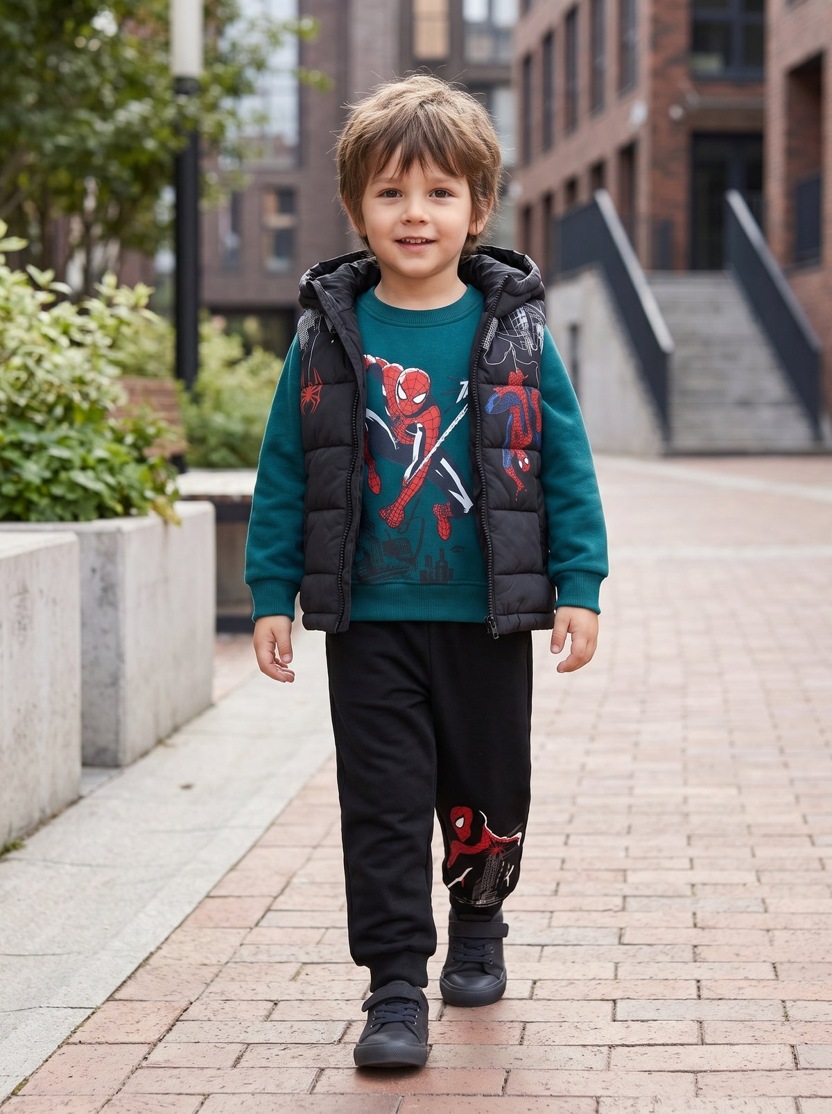 Kids Superhero 3 Piece Outfit Set With Hooded Puffer Vest Sweatshirt And Trousers