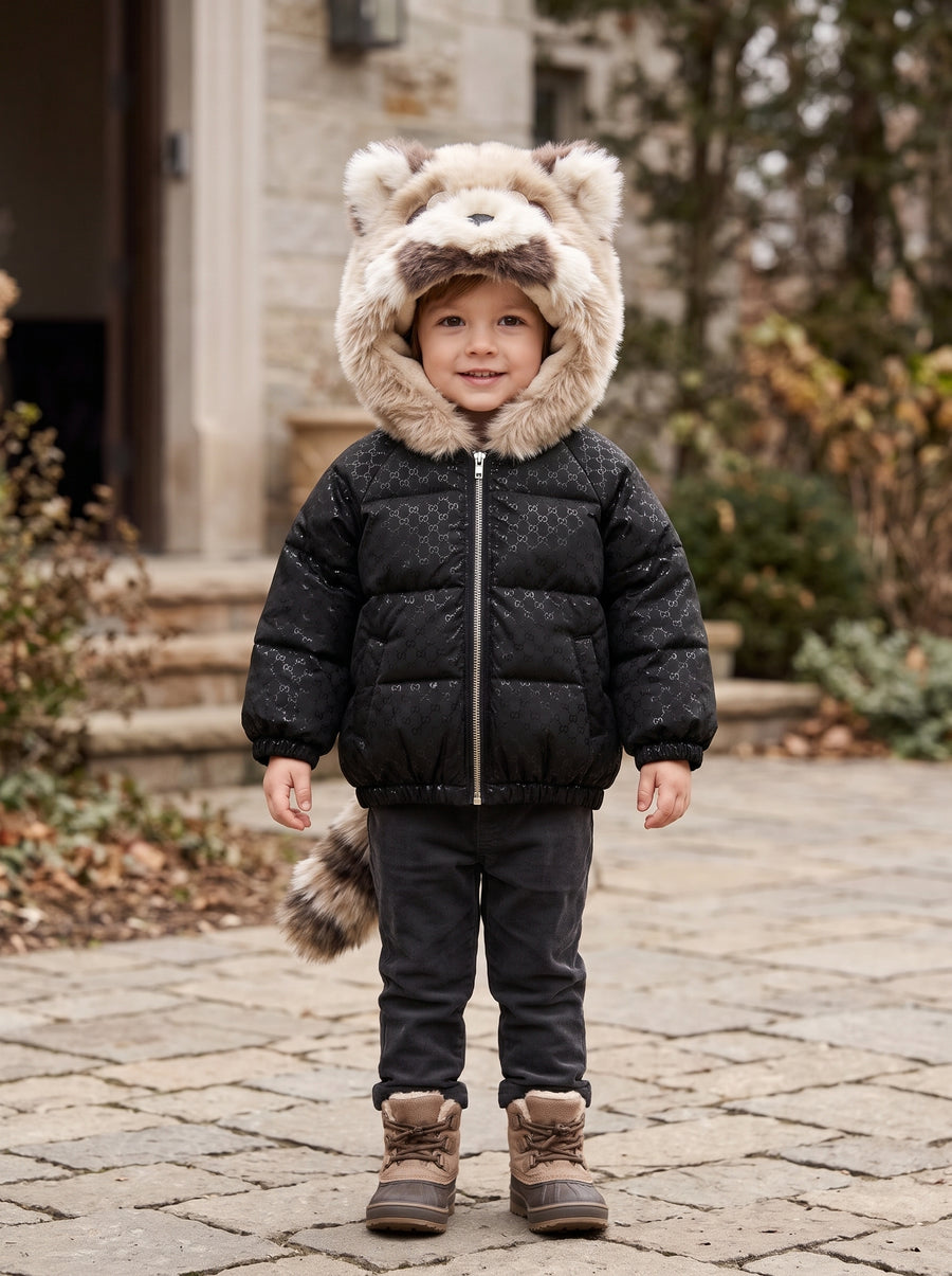 Kids Winter Puffer Jacket With Faux Fur Raccoon Hood And Playful Tail