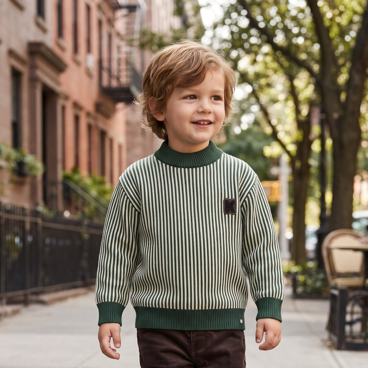 Kids Winter Striped Knitted Pullover Sweater With Letter Patch And Ribbed Collar Description Points