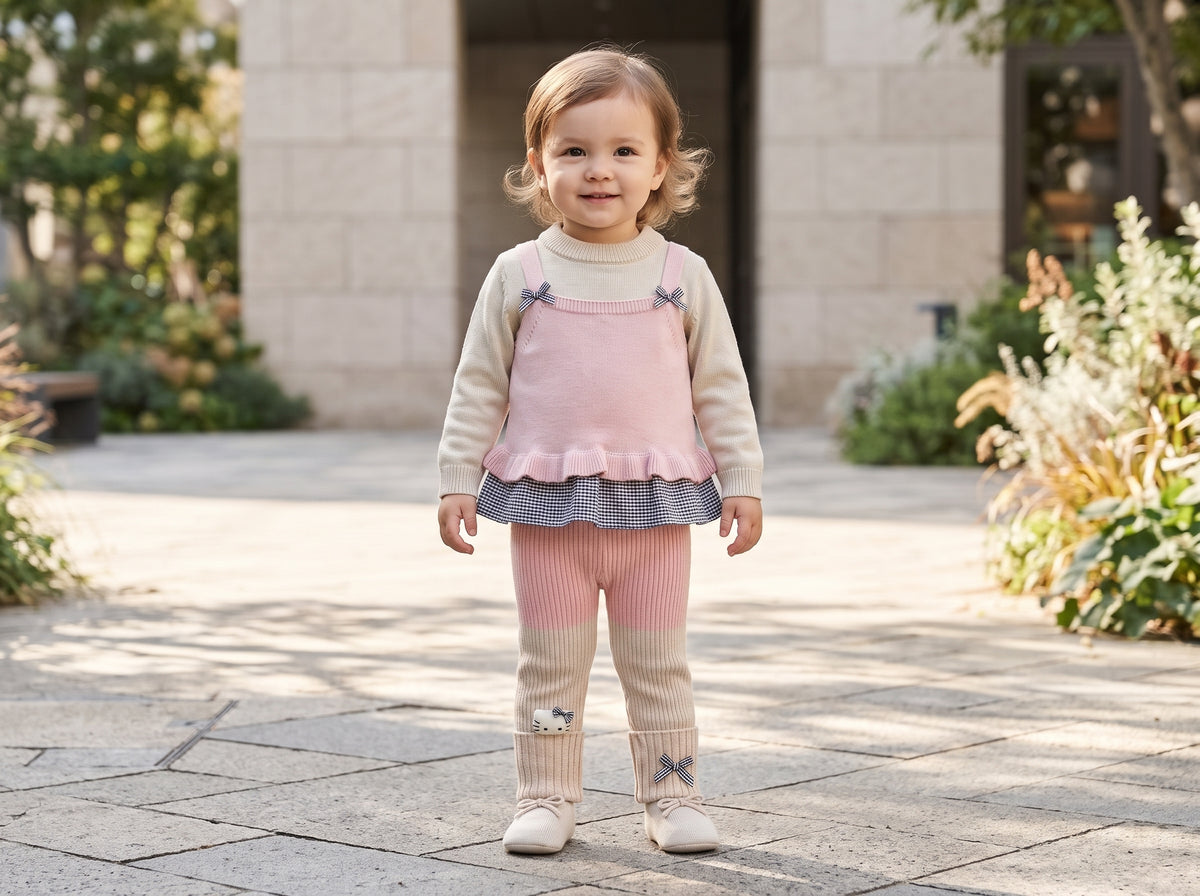Girls Winter Knit Suspender Outfit Set With Layered Ruffle Top And Trousers