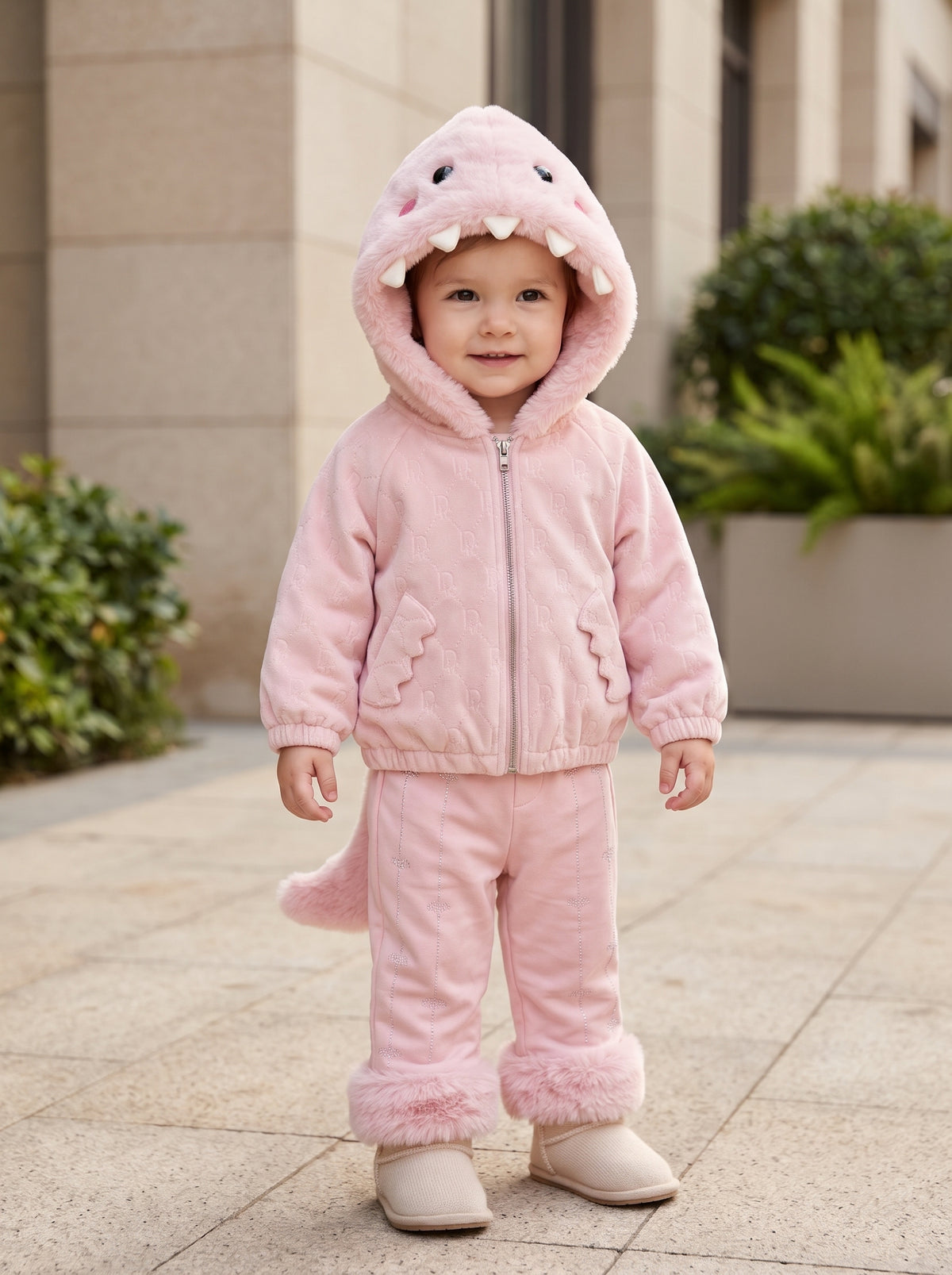 Kids Winter Dinosaur Hoodie Jacket And Matching Trousers 2 Piece Outfit Set