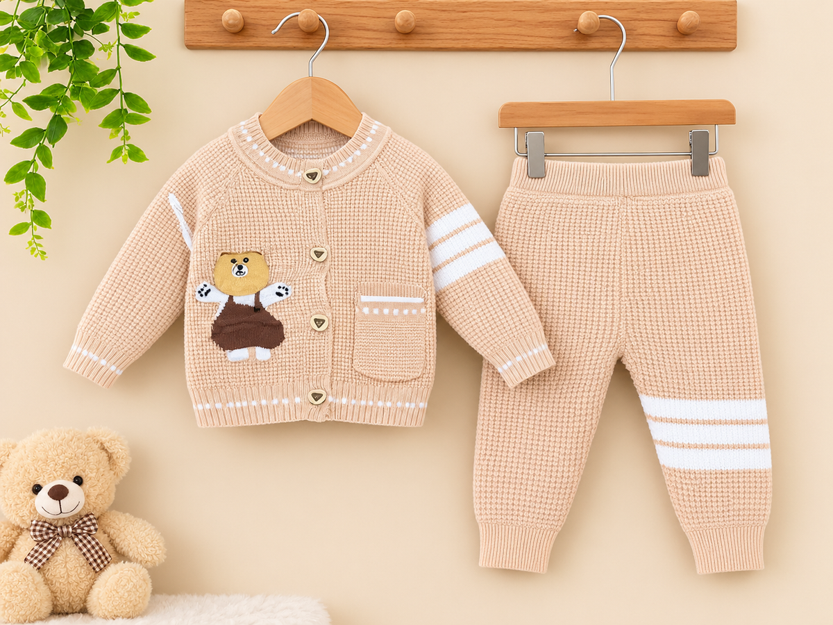 Baby Winter 2-Piece Knitted Teddy Bear Cardigan Sweater And Matching Trousers Suit Set