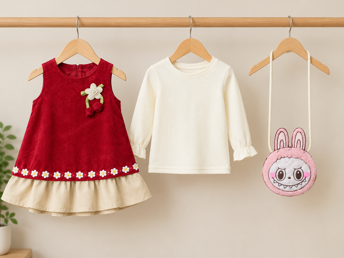 Girls Winter 3-Piece Corduroy Frock Set With Inner Top And Cute Crossbody Bag
