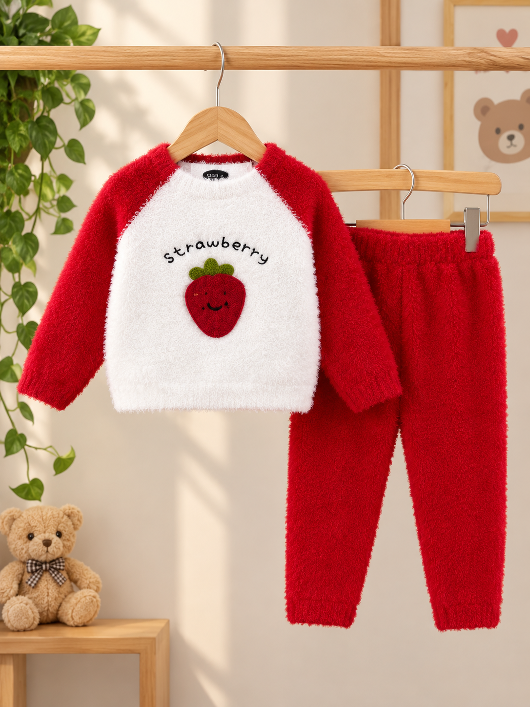 Stylish Kids Two Piece Strawberry Fuzzy Sweater And Trousers Set