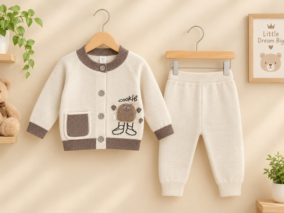 Baby Winter 2-Piece Knitted Cookie Graphic Cardigan Sweater And Matching Trousers Set