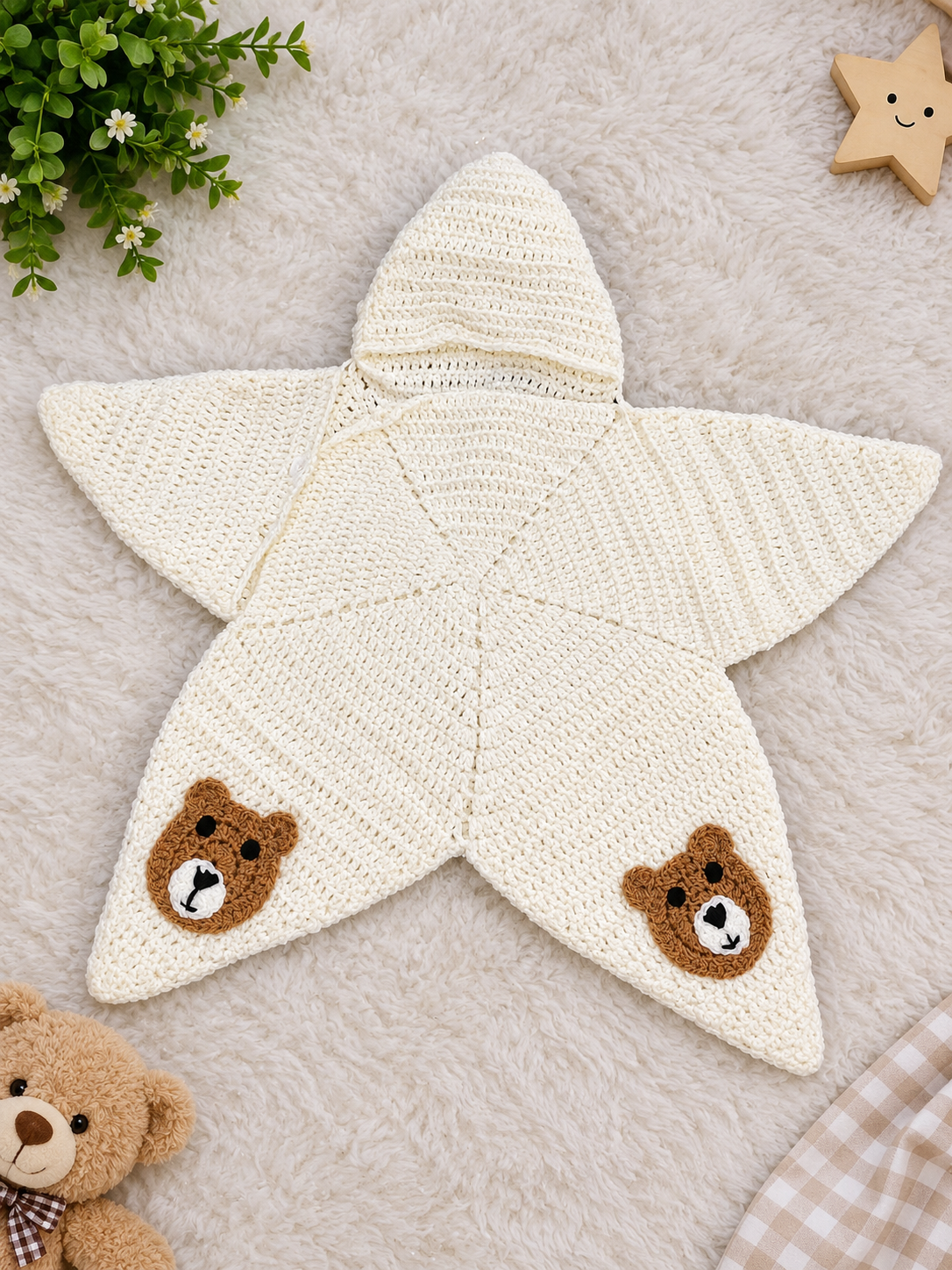Handmade Crocheted Star Shaped Baby Sleeping Bag Swaddle Blanket With Cute Bears