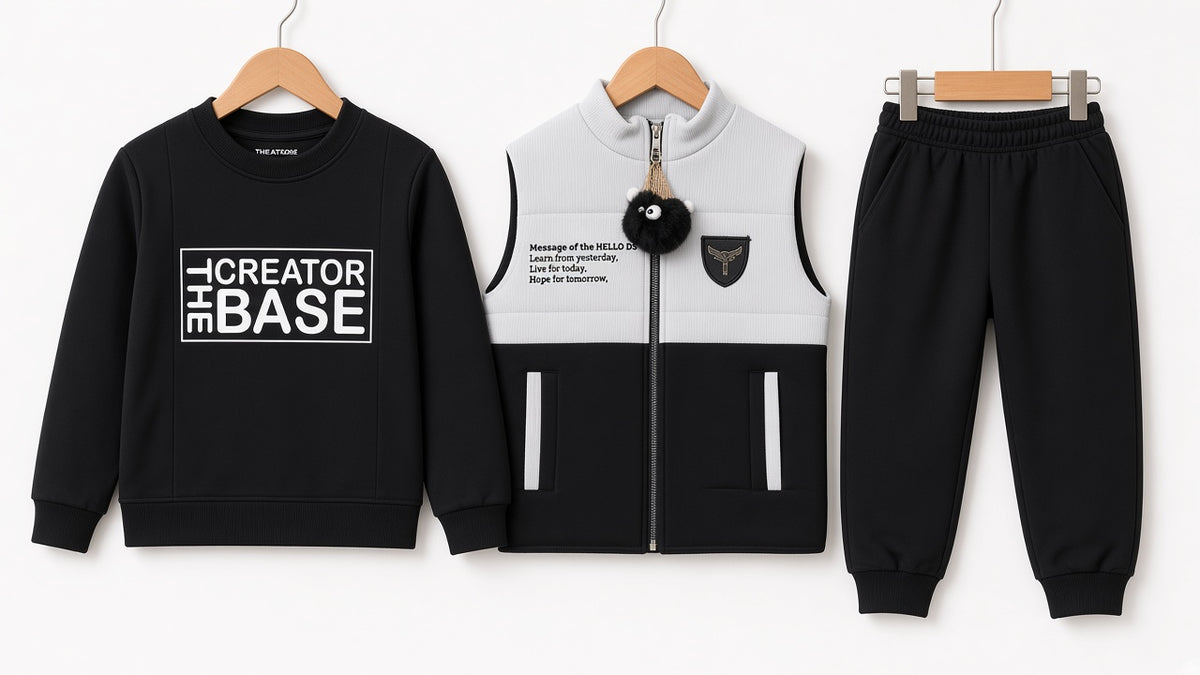 Kids Winter 3-Piece Sleeveless Vest Jacket Sweatshirt And Joggers Tracksuit Set