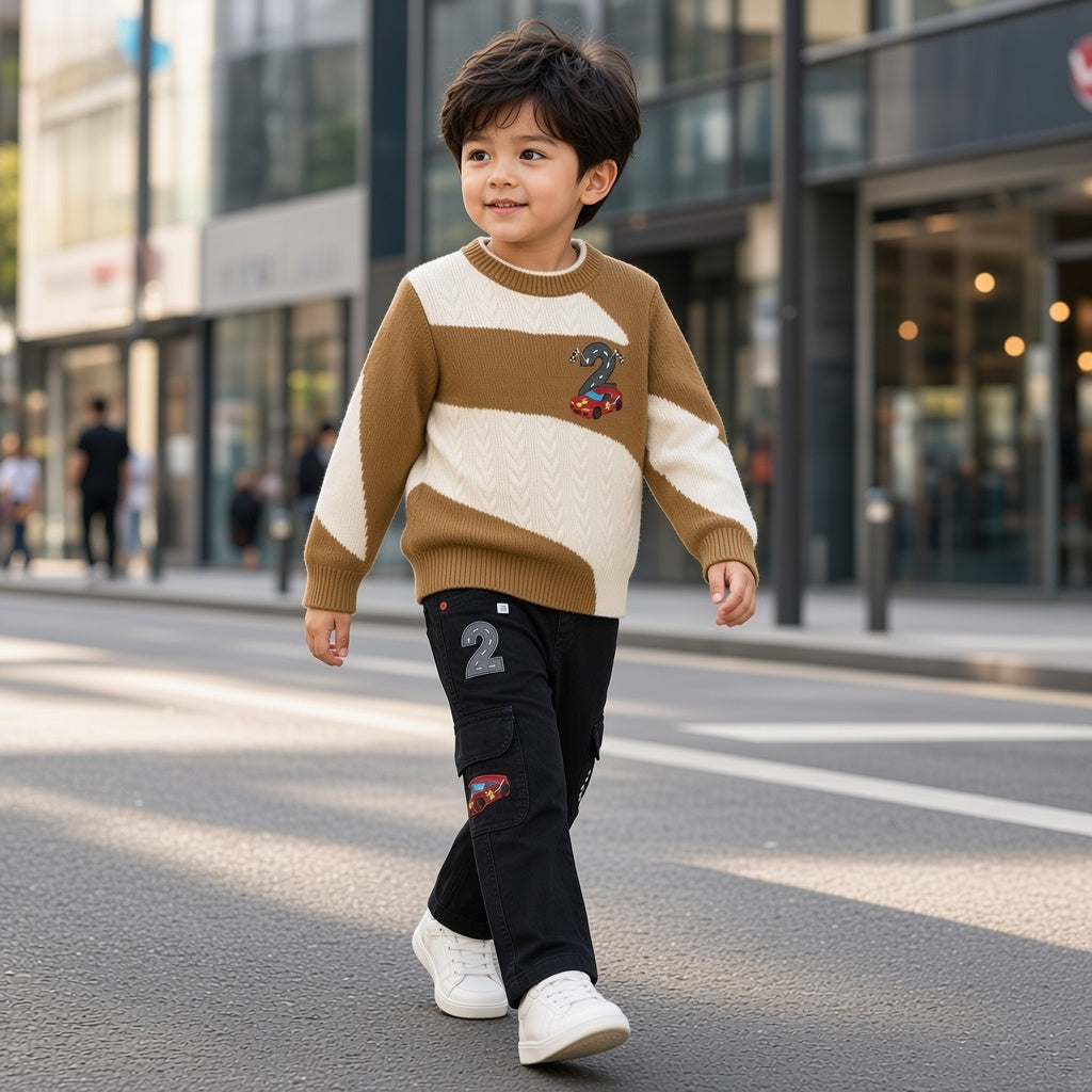 Stylish Kids Two Piece Racing Car Knit Sweater And Cargo Pants Set