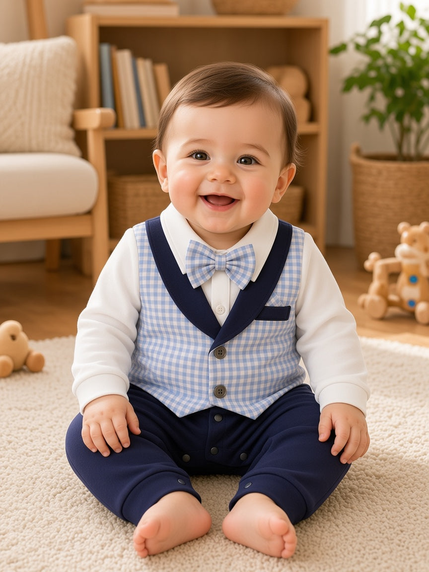 Stylish Baby Boys Check Vest Romper With Bow Tie Formal Outfit Set