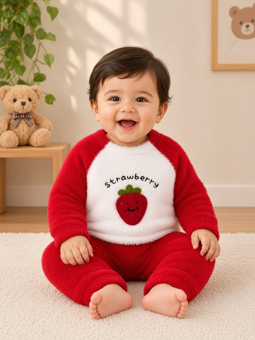 Stylish Kids Two Piece Strawberry Fuzzy Sweater And Trousers Set