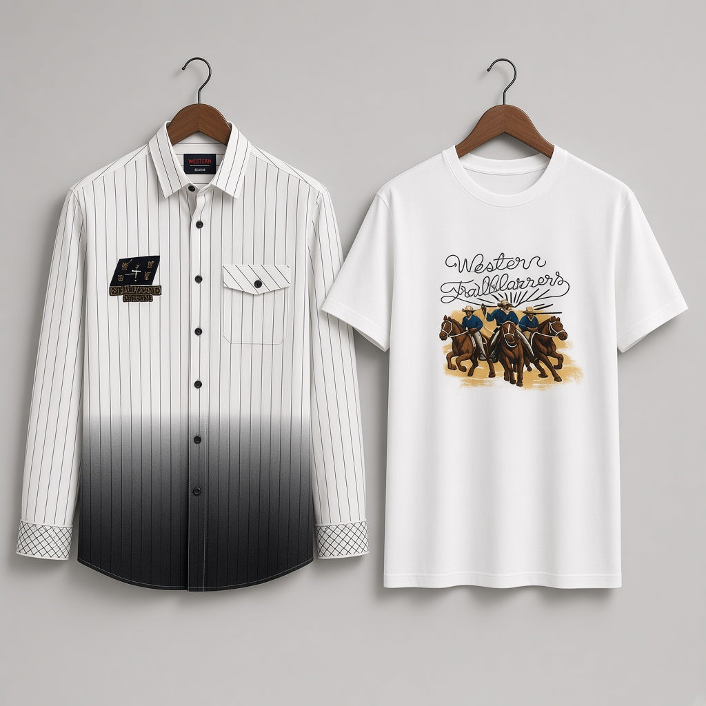 Stylish White And Black Ombre Striped Formal Shirt With Matching Western Trailblarrers Printed T Shirt