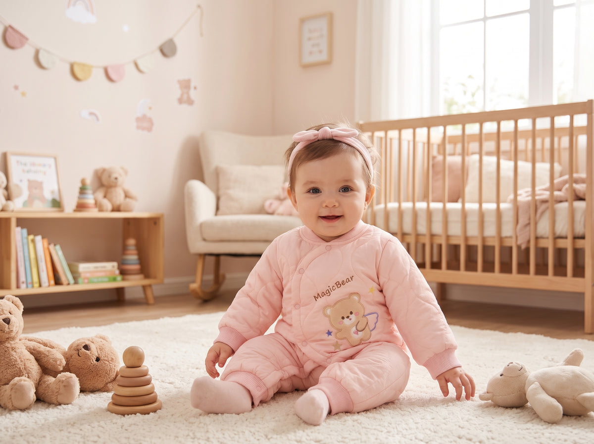 Baby Winter Quilted Romper Suit With Cute Bear Applique And Side Snap Closure