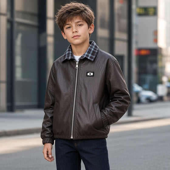 Stylish Faux Leather Jacket With Plaid Collar For Kids Cool Winter Outerwear Outfit