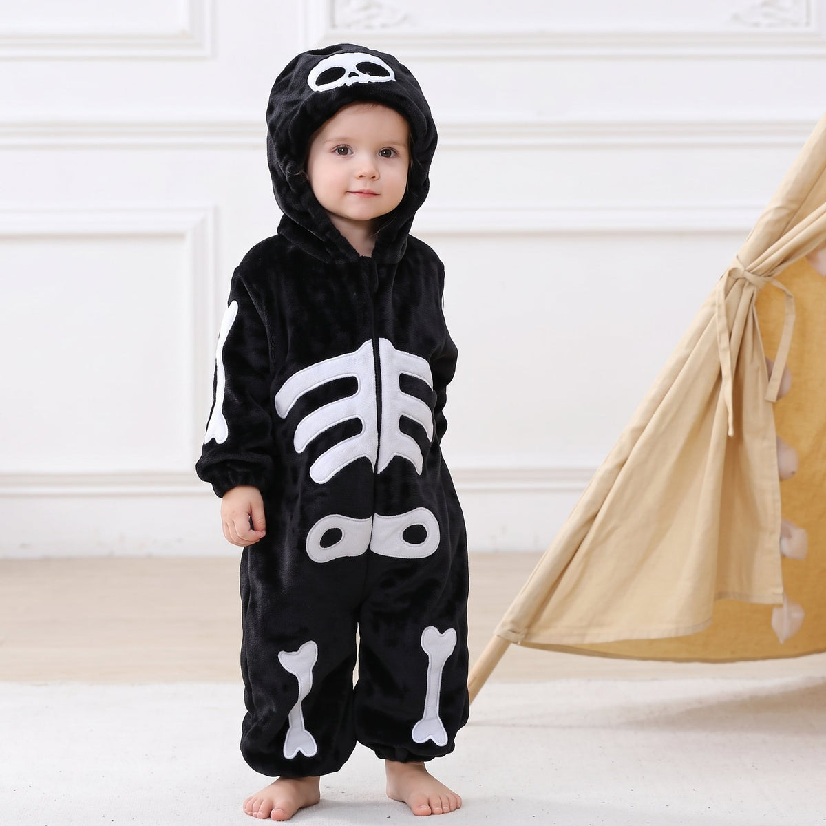 Baby Winter Skeleton Print Plush Fleece Hooded Romper Jumpsuit Halloween Costume