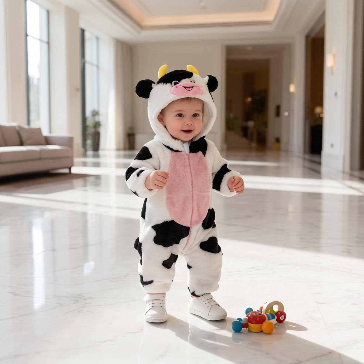 Baby Winter Cute Animal Cow Fleece Hooded Romper Jumpsuit Pajamas Onesie