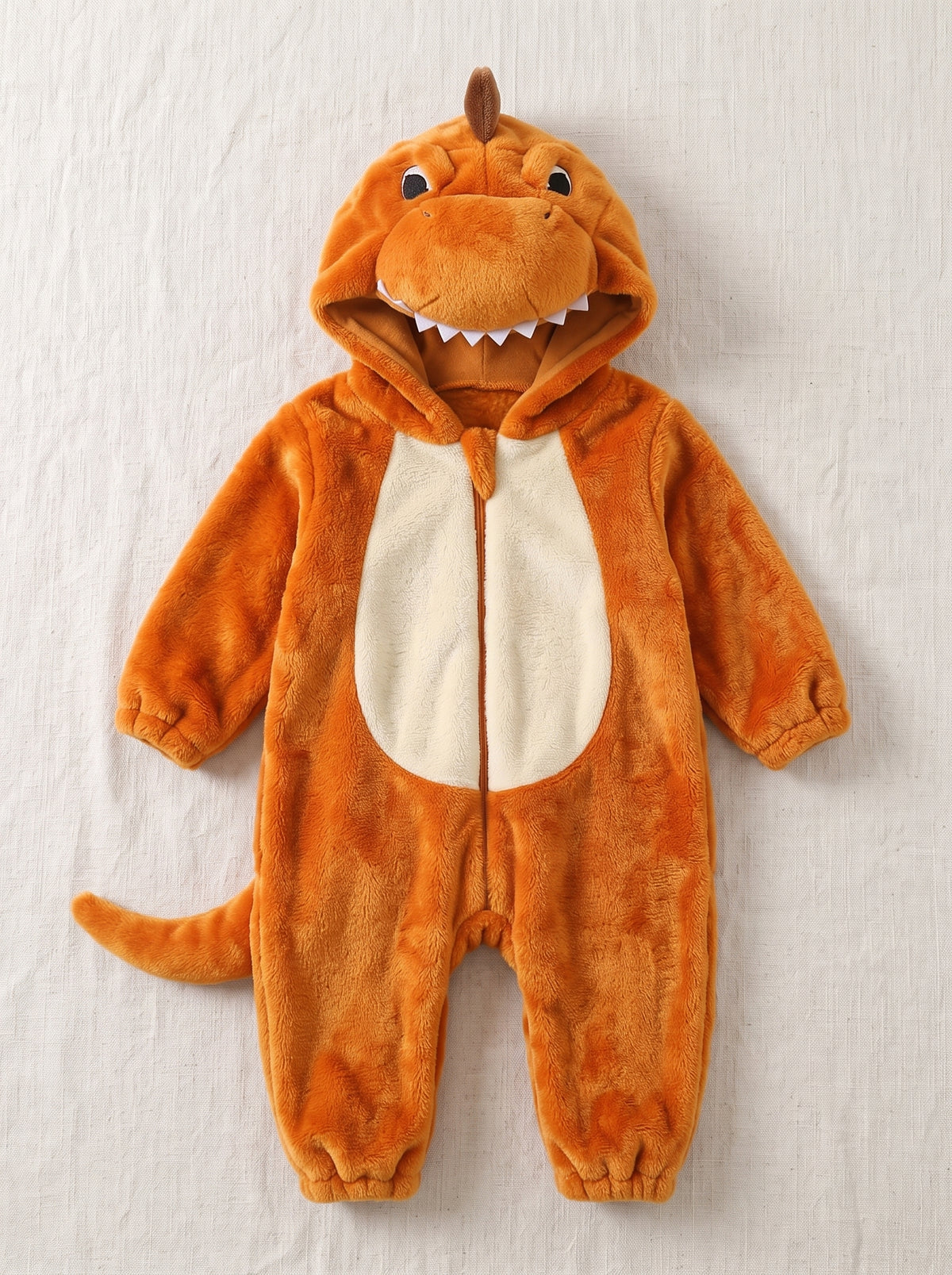 Cozy Plush Orange Dinosaur Baby Romper Hooded Animal Costume Cute Soft Infant Onesie