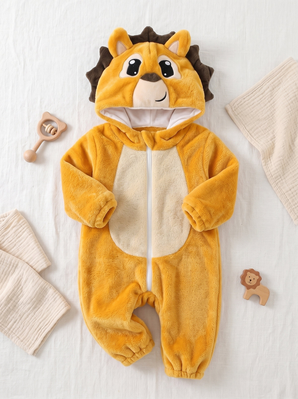 Cozy Plush Lion Baby Romper Hooded Safari Animal Costume Cute Soft Infant Onesie