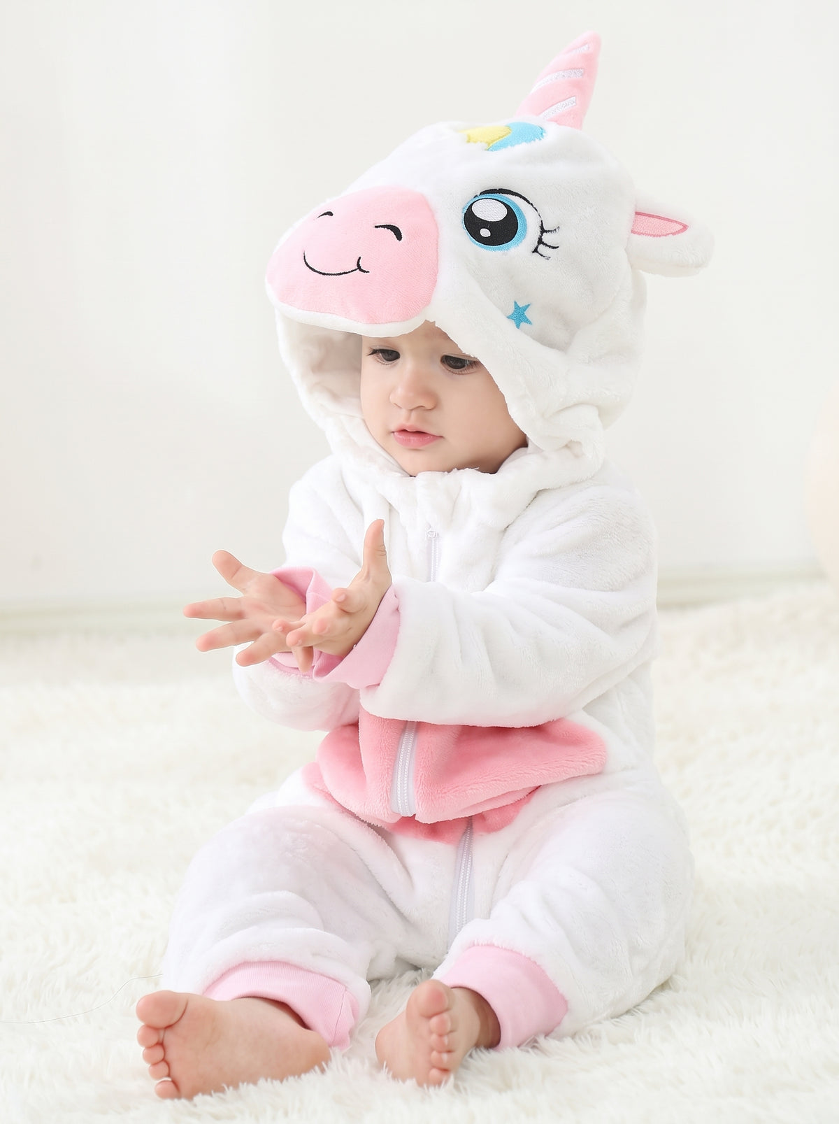 Cozy Plush White Unicorn Baby Romper Hooded Magical Animal Costume Cute Soft Infant