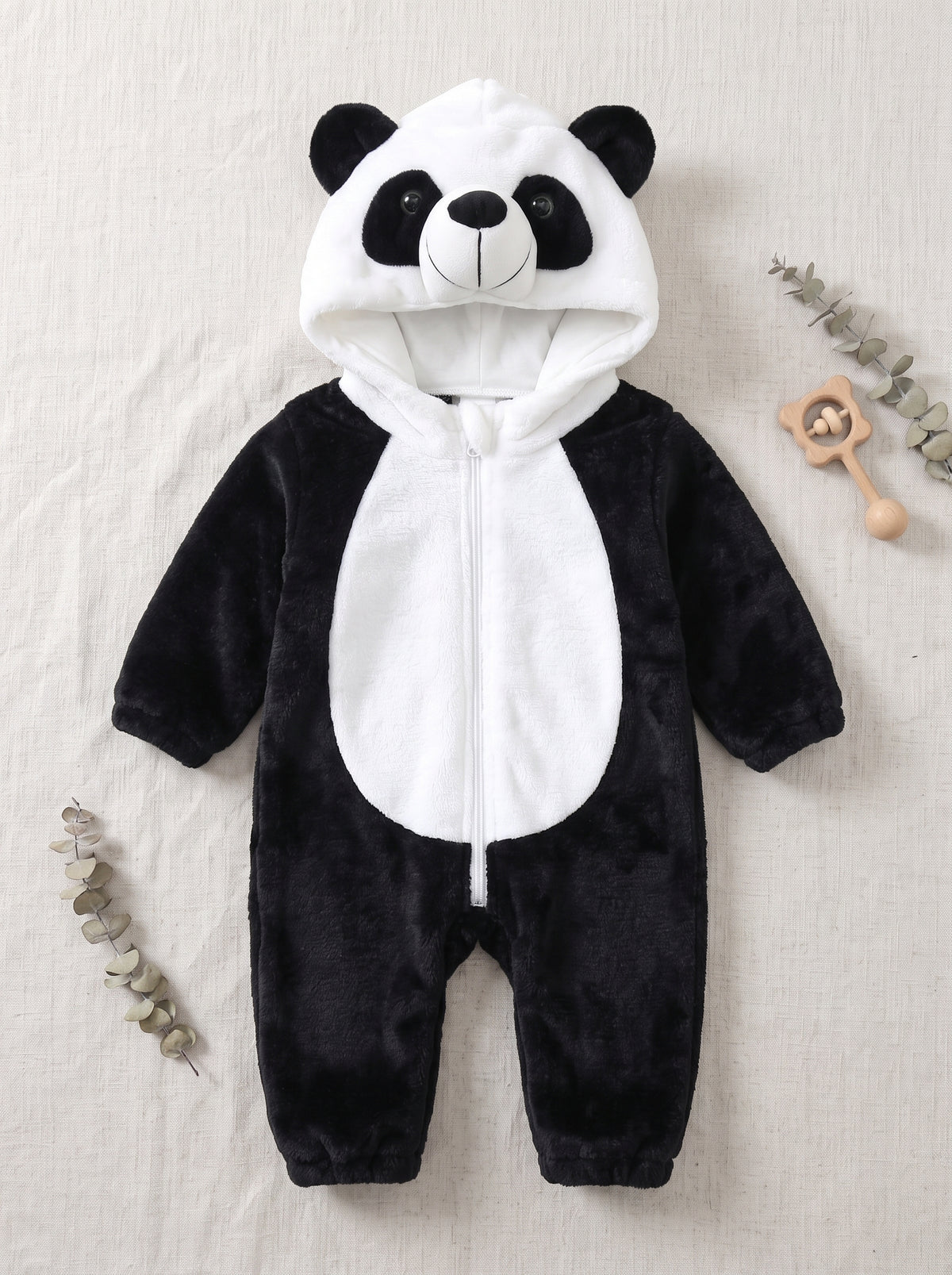 Cozy Plush Panda Bear Baby Romper Hooded Animal Costume Cute Soft Infant Onesie