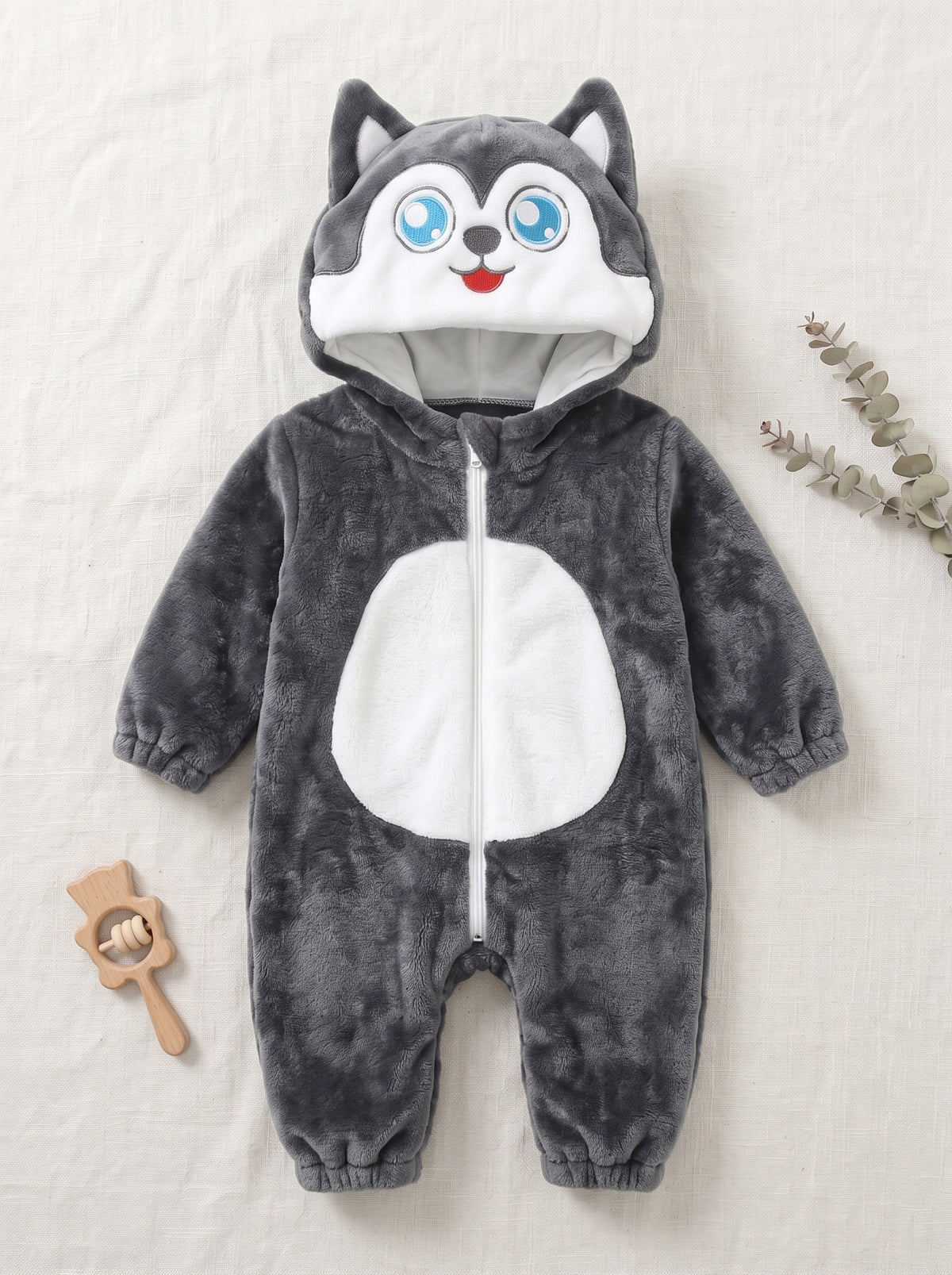 Cozy Plush Grey Husky Baby Romper Hooded Puppy Animal Costume Cute Soft Infant
