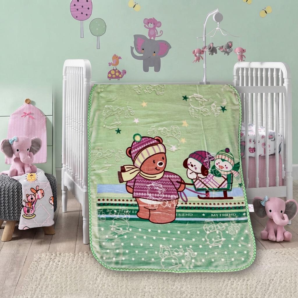 Cute Green Winter Friends Sledding Print Soft Flannel Baby Blanket For Cozy Nursery Bedding